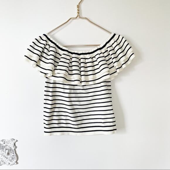 NWOT J. Crew Selena Navy Striped Off The Shoulder Ruffled Sweater Top S - Picture 5 of 9